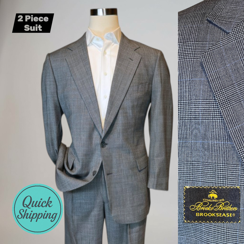 Brooks Brothers Brooksease 43R 38x28 Gray Blue Glen Plaid Suit Short Arms